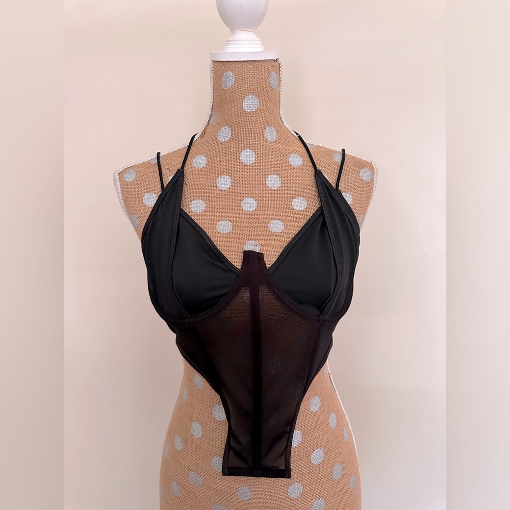 Halter low cut solid mesh bustier cami top
